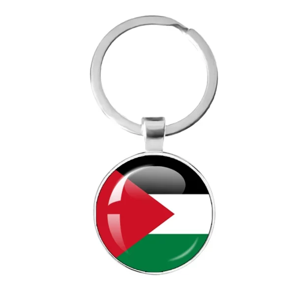 Porte-clés rond en verre au drapeau palestinien, finition argentée