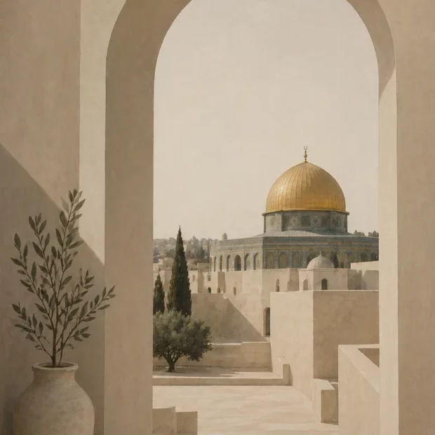 Affiche sur toile du dôme doré de Jérusalem sous une grande arche, avec un vase et une branche d’olivier