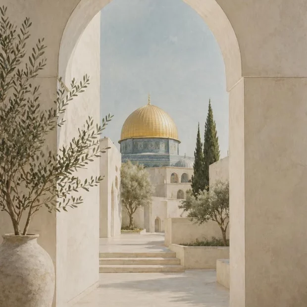 Affiche sur toile représentant le dôme doré de Jérusalem à travers une arche, avec des oliviers