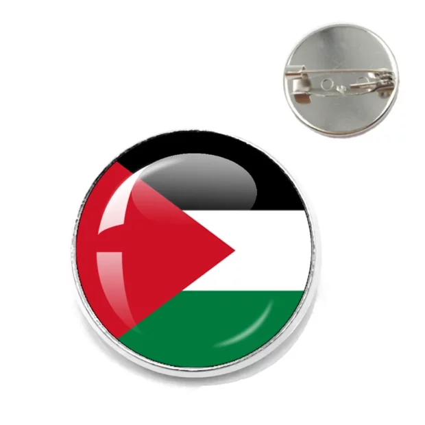Broche ronde au drapeau palestinien, finition argentée