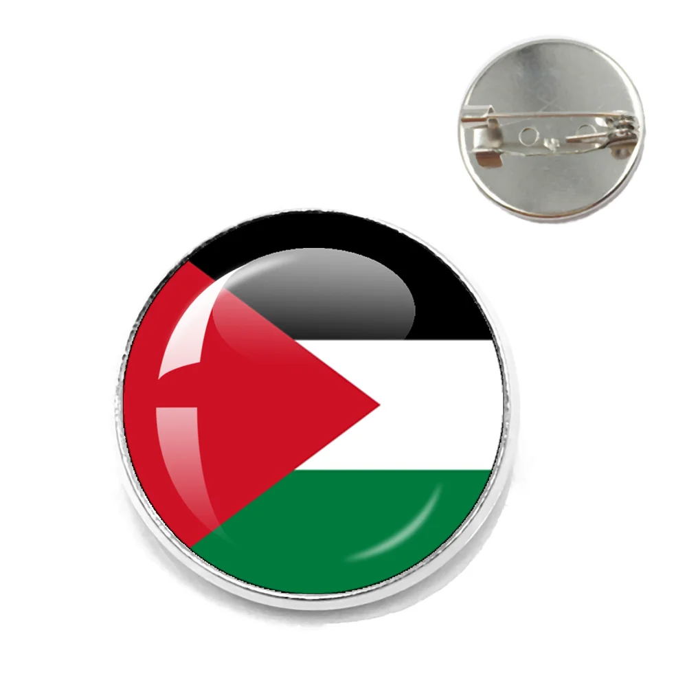 Broche ronde au drapeau palestinien, finition argentée