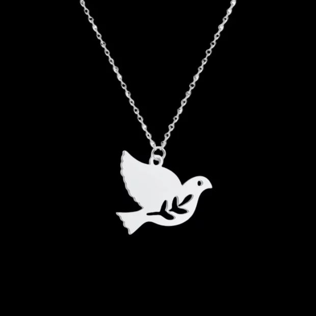 Collier en acier inoxydable argenté avec colombe et rameau d’olivier