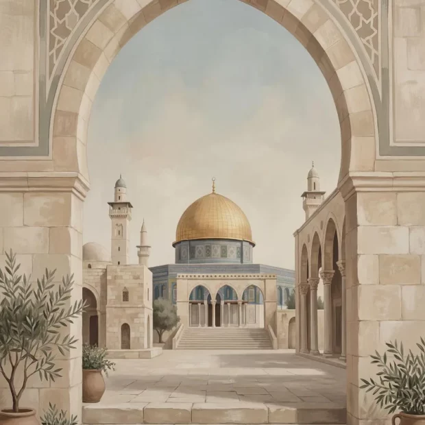 Toile représentant le Dôme du Rocher à Jérusalem dans une cour encadrée par une arche de pierre et des oliviers