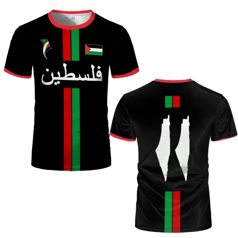 T-shirt noir Palestine à imprimé arabe, vu de face et de dos