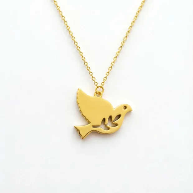 Collier en acier inoxydable doré avec colombe et rameau d’olivier