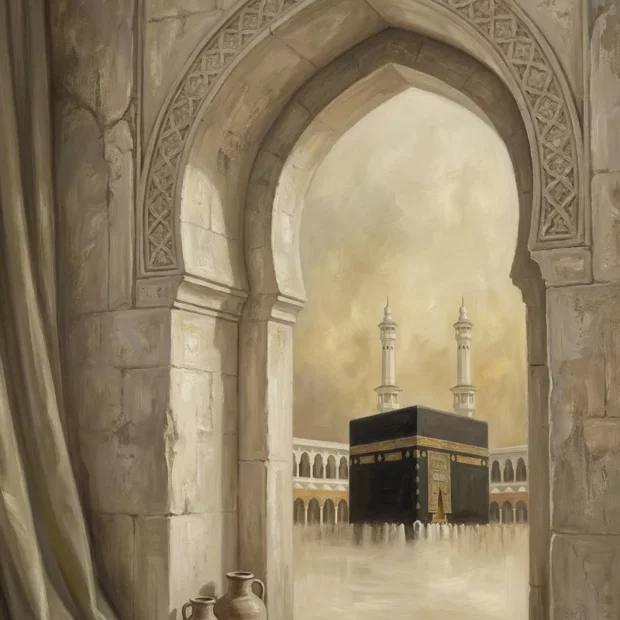 Toile représentant le Dôme du Rocher au-dessus des toits de Jérusalem, visible à travers une arche sculptée