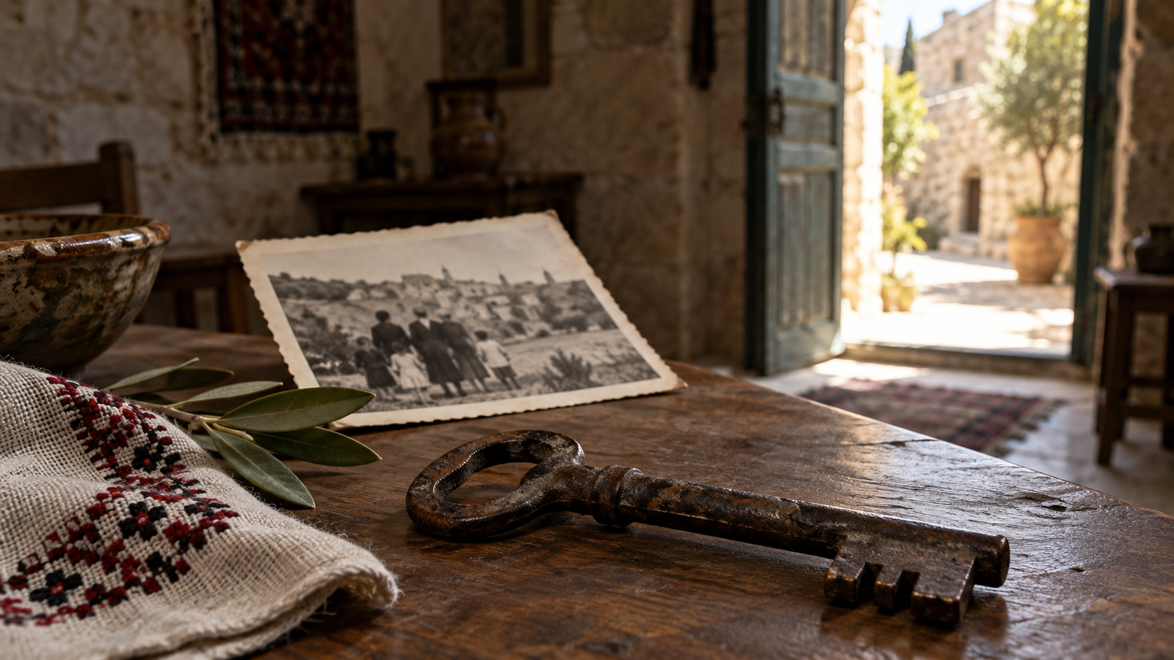 Ancienne clé palestinienne posée près d'une photographie de maison familiale