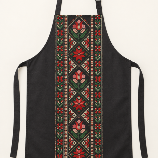 Tablier de cuisine inspiré du tatreez palestinien