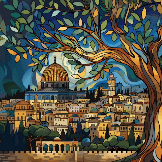 Affiche illustrée de Jérusalem avec un dôme doré, des toits et des branches