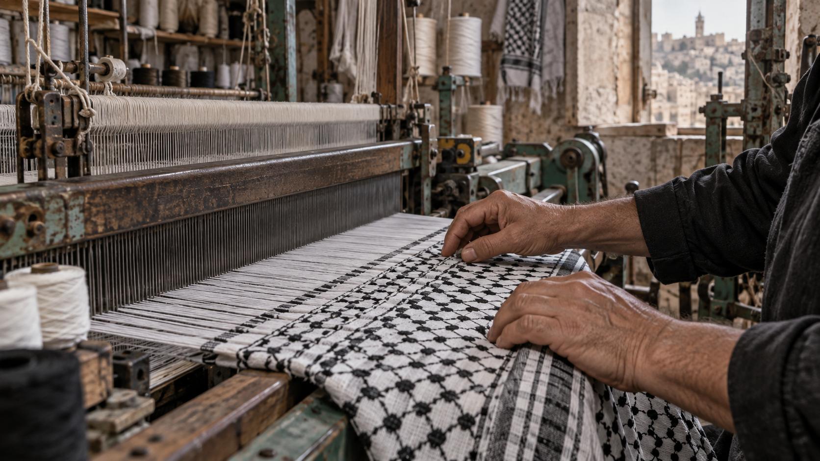 Artisan travaillant un keffieh palestinien sur un métier à tisser