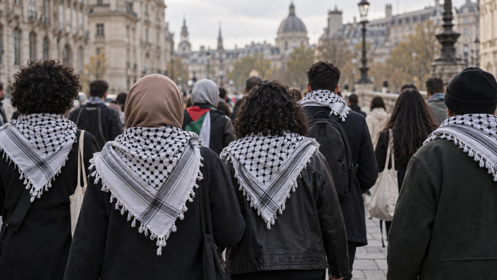 Manifestation de solidarité avec des keffiehs palestiniens vus de dos