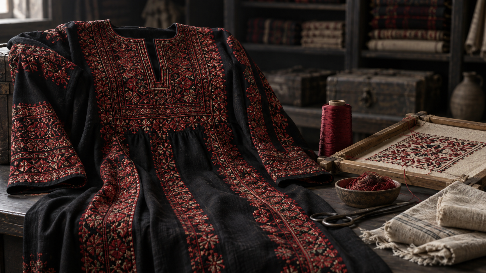 Thob palestinien brodé au tatreez présenté comme une archive textile