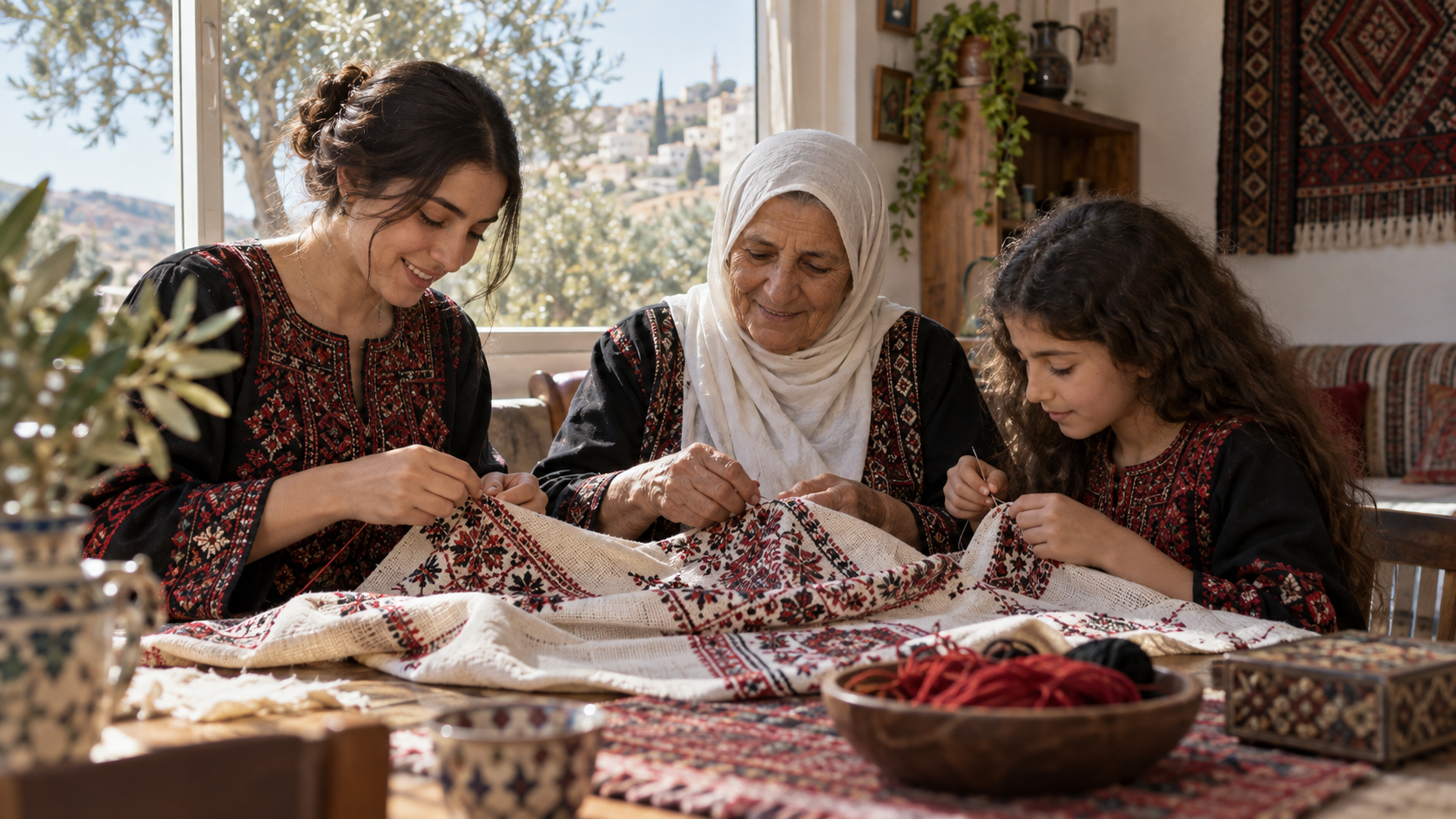 Trois générations de femmes transmettant la broderie tatreez palestinienne