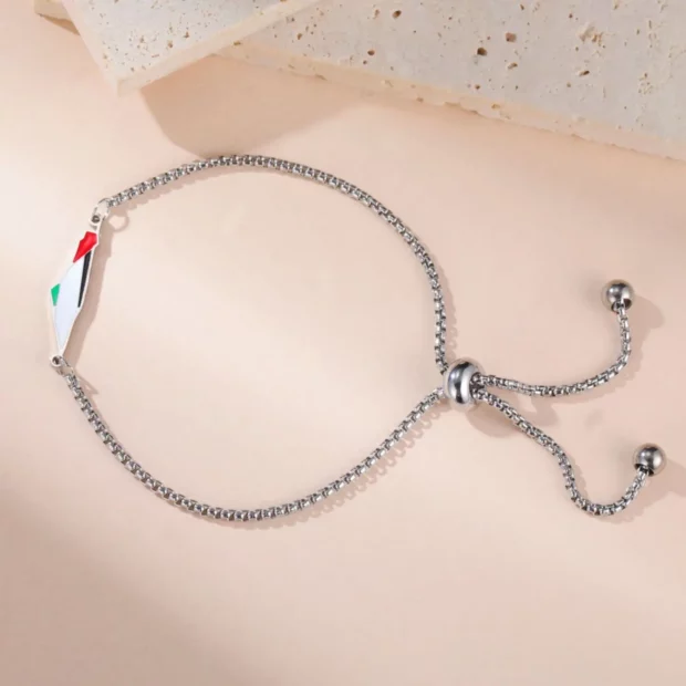 Bracelet argenté ajustable avec pendentif carte de Palestine colorée