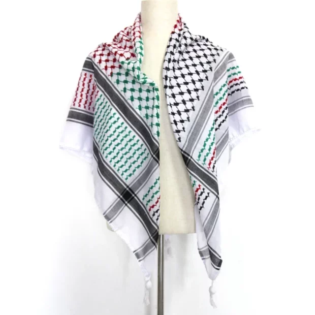 Keffieh carré tissé 110 × 110 cm – foulard palestinien à franges
