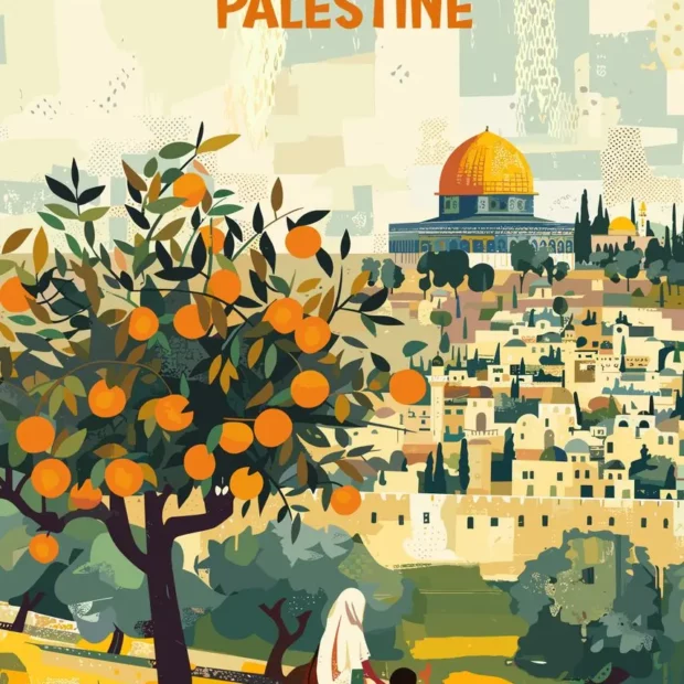 Affiche de Jérusalem et Palestine avec le Dôme doré, un oranger, la ville sur une colline et deux silhouettes