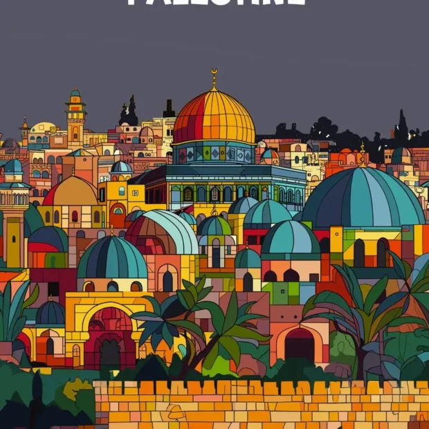 Affiche sur toile représentant Jérusalem Palestine et le Dôme doré dans une ville colorée
