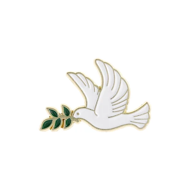 Broche émaillée figurant une colombe blanche avec un rameau d’olivier vert