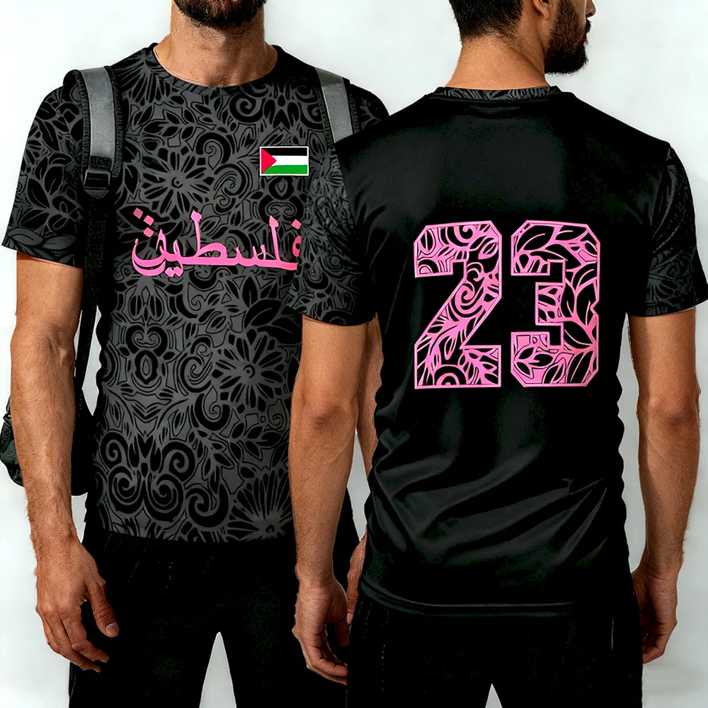 T-shirt Palestine floral noir et rose présenté à plat