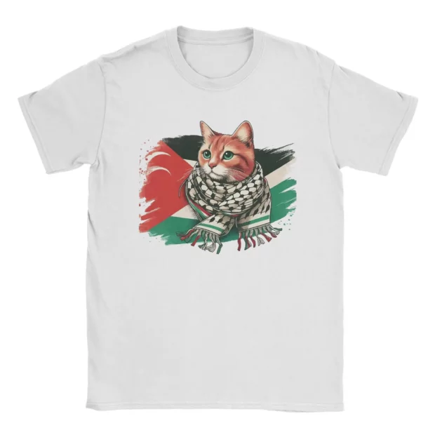 T-shirt Palestine – chat en keffieh devant le drapeau