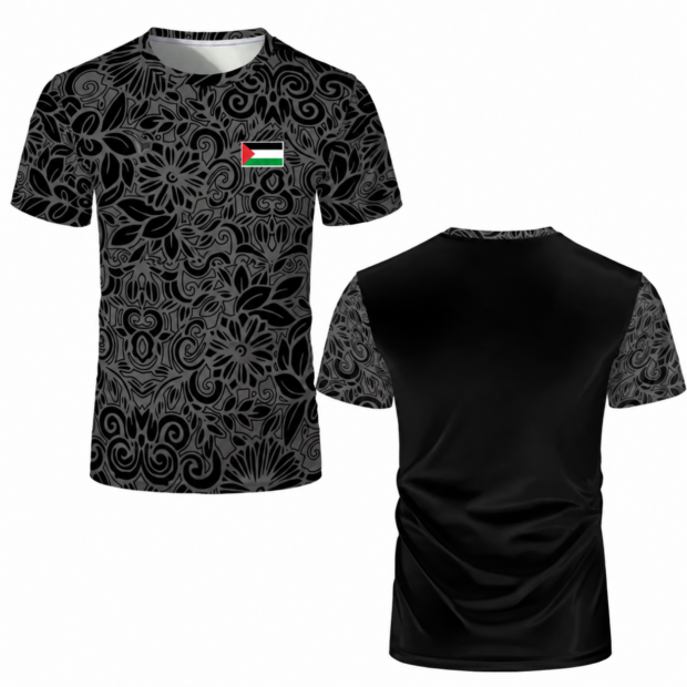 T-shirt Palestine floral noir et rose – motif de drapeau