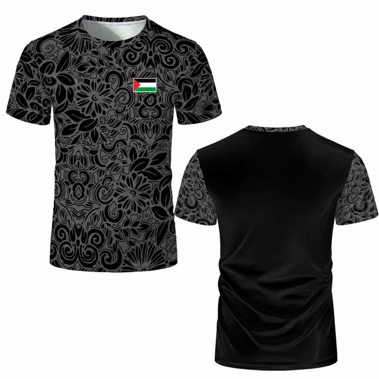T-shirt Palestine floral noir et rose – motif de drapeau